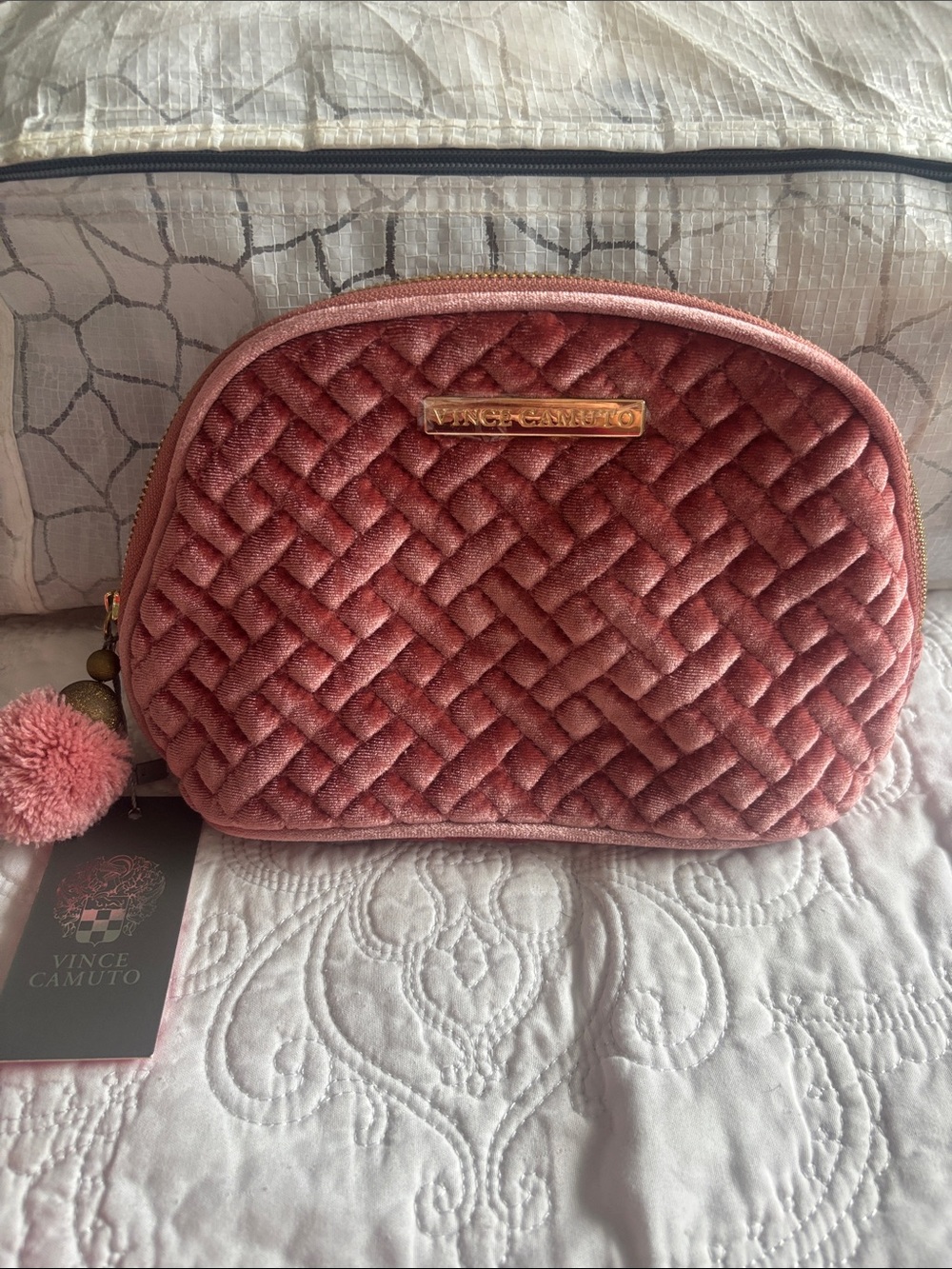 Vince Camuto Quilted Velvet Cosmetic Pouch in Dusty Rose with Gold Plate